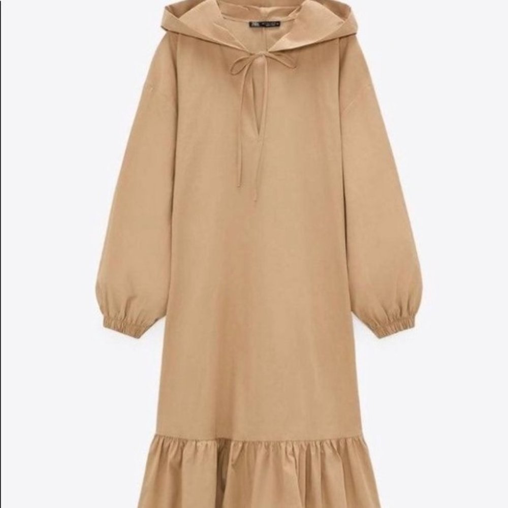 Zara Beige Poplin Hooded Large Midi Dress with V-neckline